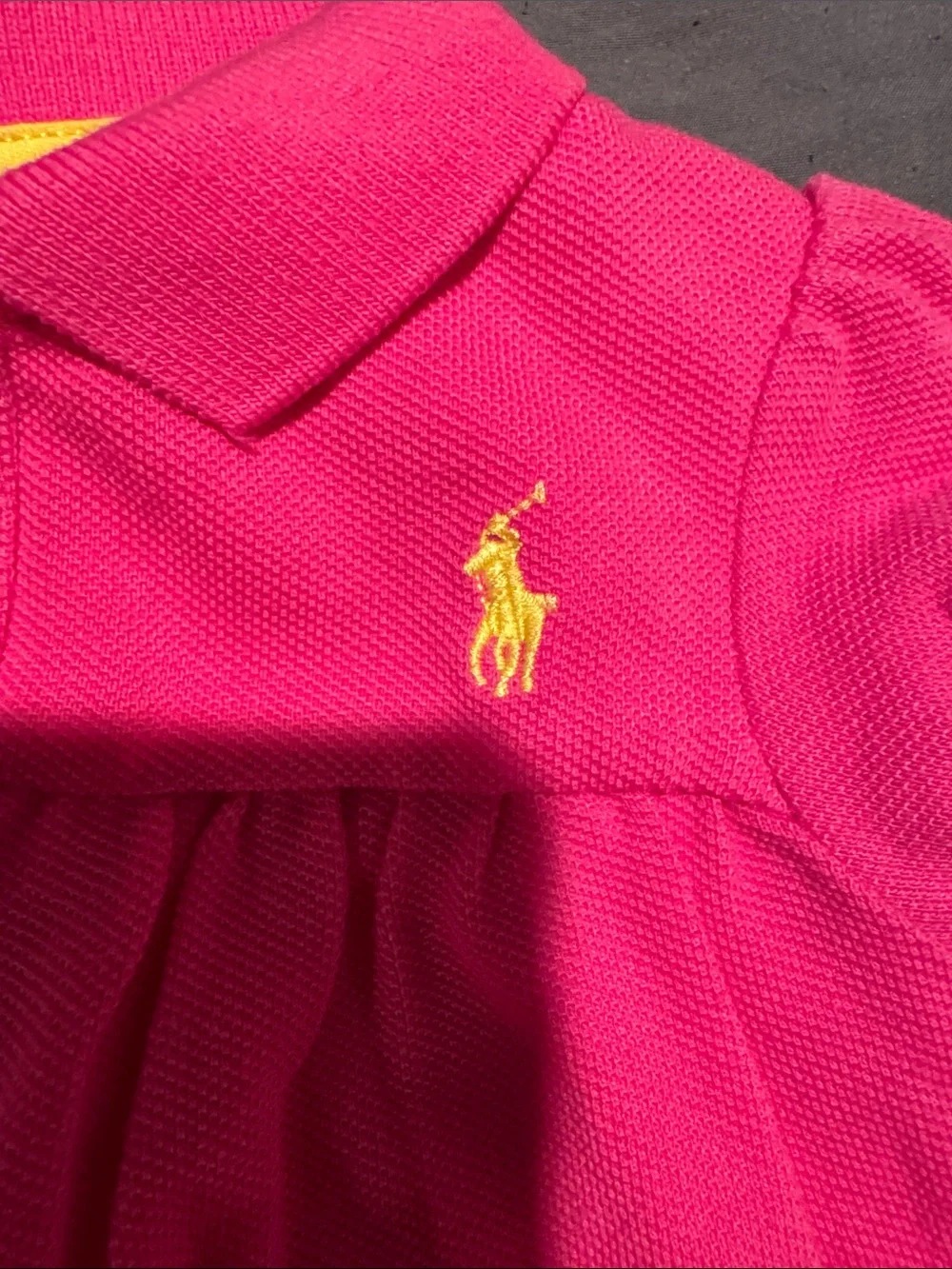 Ralph Lauren Hot Pink Polo Bubble Romper with Yellow logo with floral ruffle